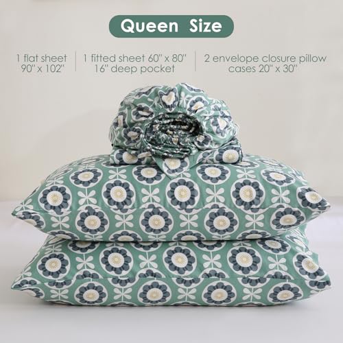 JSD Green Floral Cotton Sheet Set for Queen Bed, 300 Thread Count Printed Sateen, Soft & Breathable OEKO-TEX Certified
J